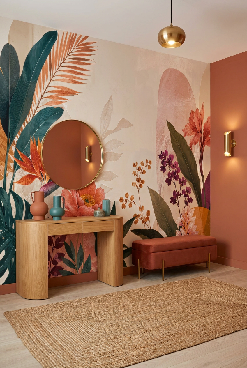 Papier peint panoramique floral tropical bohème avec grandes feuilles vertes, fleurs exotiques et teintes terracotta sur fond clair
