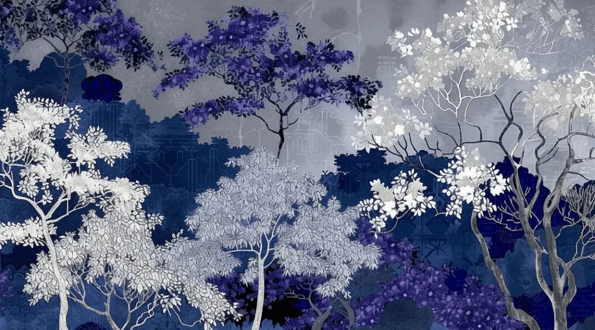 Jardin nocturne - papier peint bleu nuit et violet - Illulart: Papier peint panoramique