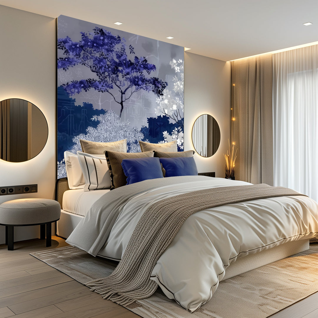 Jardin nocturne - papier peint bleu nuit et violet - Illulart: Papier peint panoramique