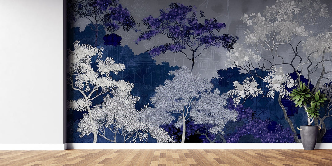 Jardin nocturne - papier peint bleu nuit et violet - Illulart: Papier peint panoramique