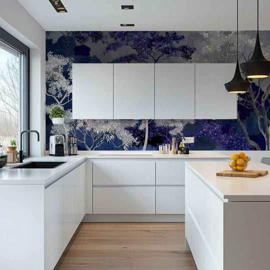 Jardin nocturne - papier peint bleu nuit et violet - Illulart: Papier peint panoramique