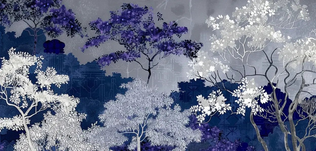 Jardin nocturne - papier peint bleu nuit et violet - Illulart: Papier peint panoramique