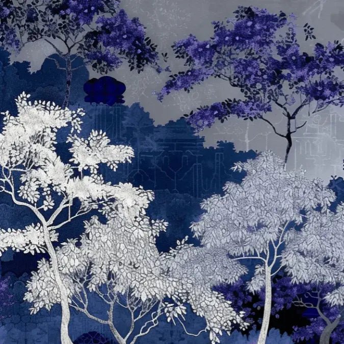 Jardin nocturne - papier peint bleu nuit et violet - Illulart: Papier peint panoramique