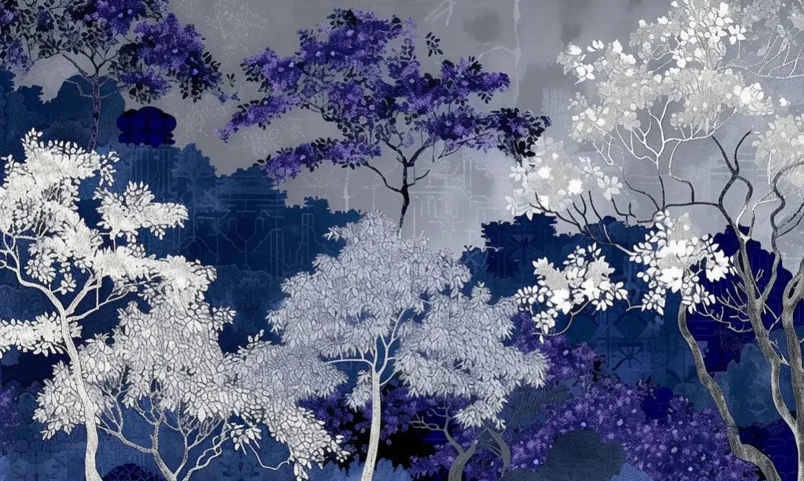 Jardin nocturne - papier peint bleu nuit et violet - Illulart: Papier peint panoramique