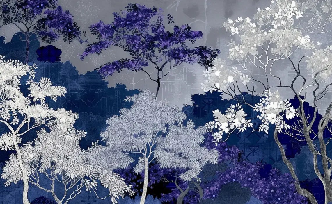 Jardin nocturne - papier peint bleu nuit et violet - Illulart: Papier peint panoramique