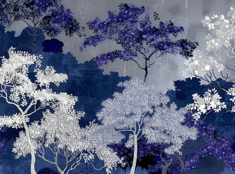 Jardin nocturne - papier peint bleu nuit et violet - Illulart: Papier peint panoramique