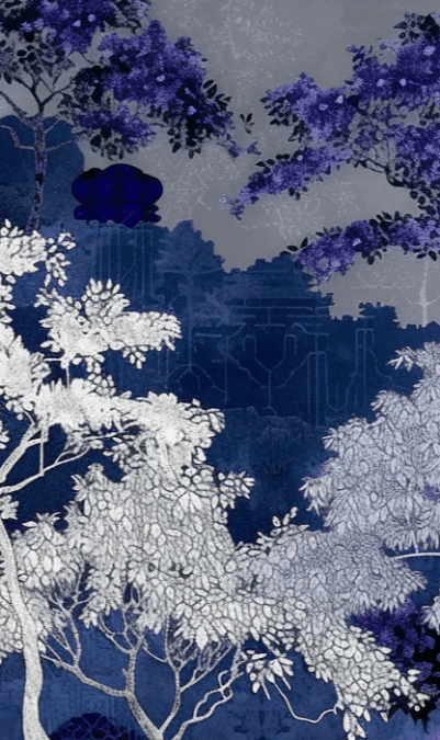 Jardin nocturne - papier peint bleu nuit et violet - Illulart: Papier peint panoramique