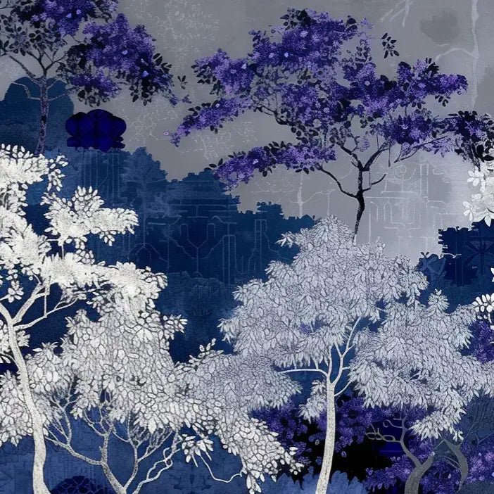 Jardin nocturne - papier peint bleu nuit et violet