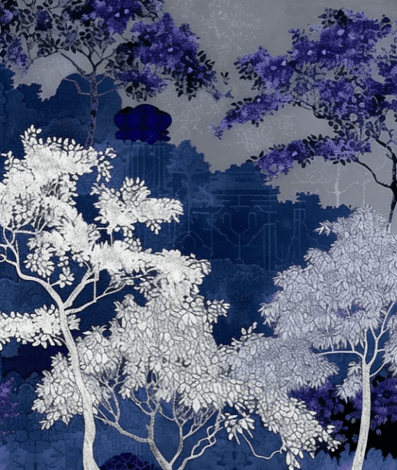 Jardin nocturne - papier peint bleu nuit et violet - Illulart: Papier peint panoramique