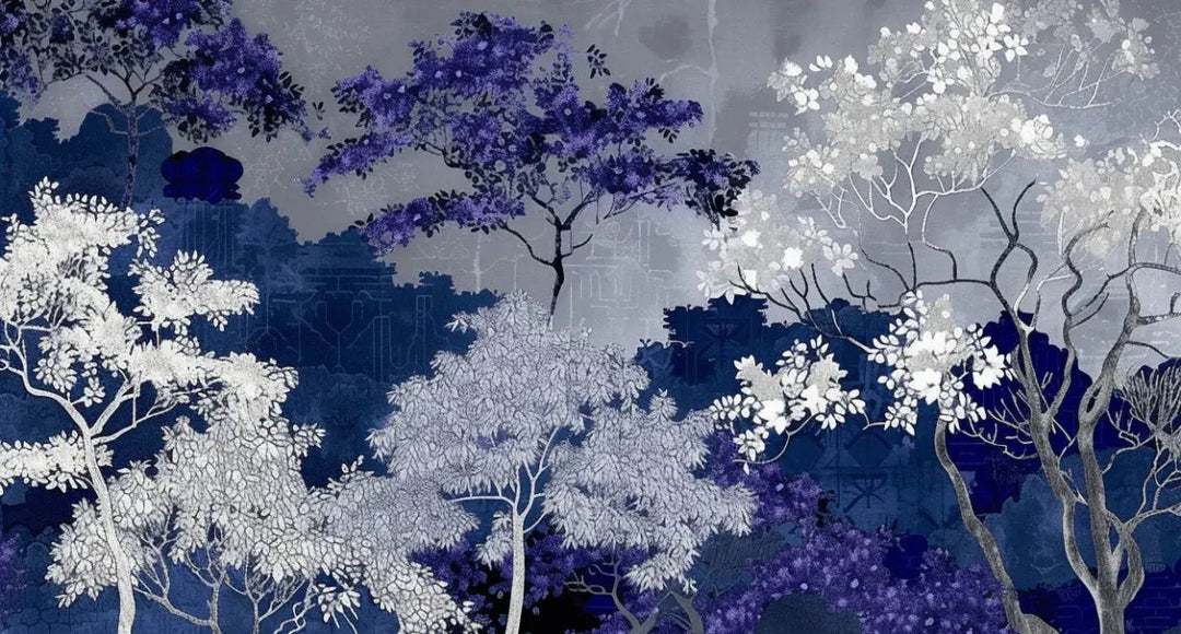 Jardin nocturne - papier peint bleu nuit et violet - Illulart: Papier peint panoramique