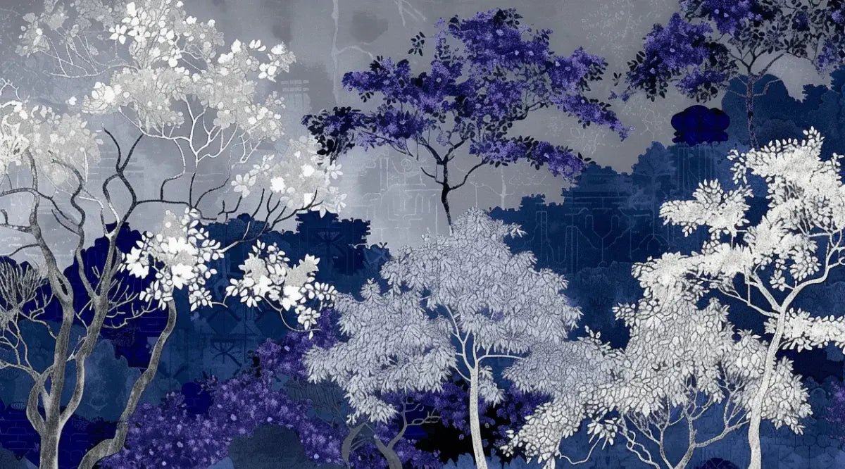 Jardin nocturne - papier peint bleu nuit et violet - Illulart: Papier peint panoramique