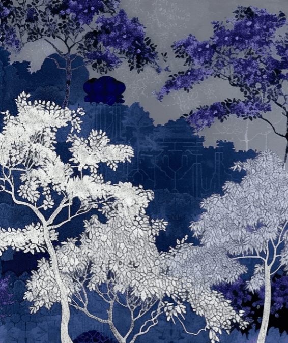 Jardin nocturne - papier peint bleu nuit et violet - Illulart: Papier peint panoramique