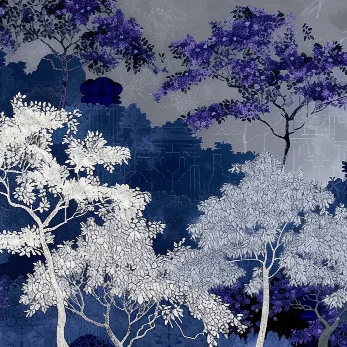 Jardin nocturne - papier peint bleu nuit et violet - Illulart: Papier peint panoramique