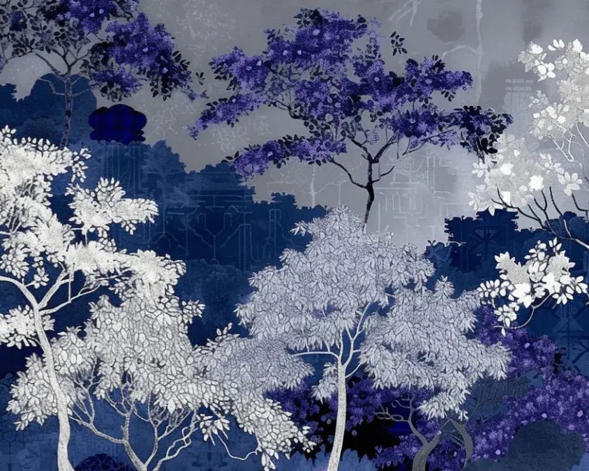 Jardin nocturne - papier peint bleu nuit et violet - Illulart: Papier peint panoramique