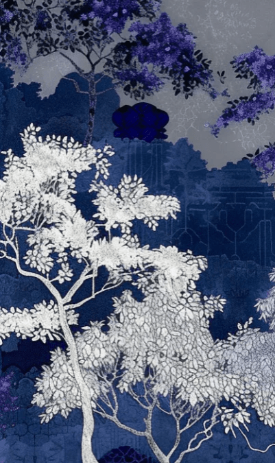 Jardin nocturne - papier peint bleu nuit et violet - Illulart: Papier peint panoramique