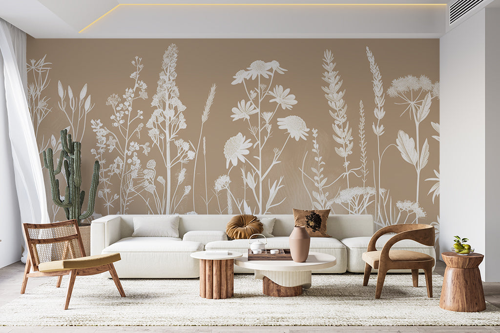papier peint botanique fleurs champetres blanche sur fond uni beige salon contemporain