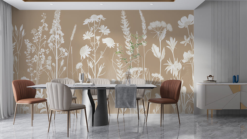 papier peint botanique fleurs champetres blanche sur fond uni beige salle à manger contemporaine