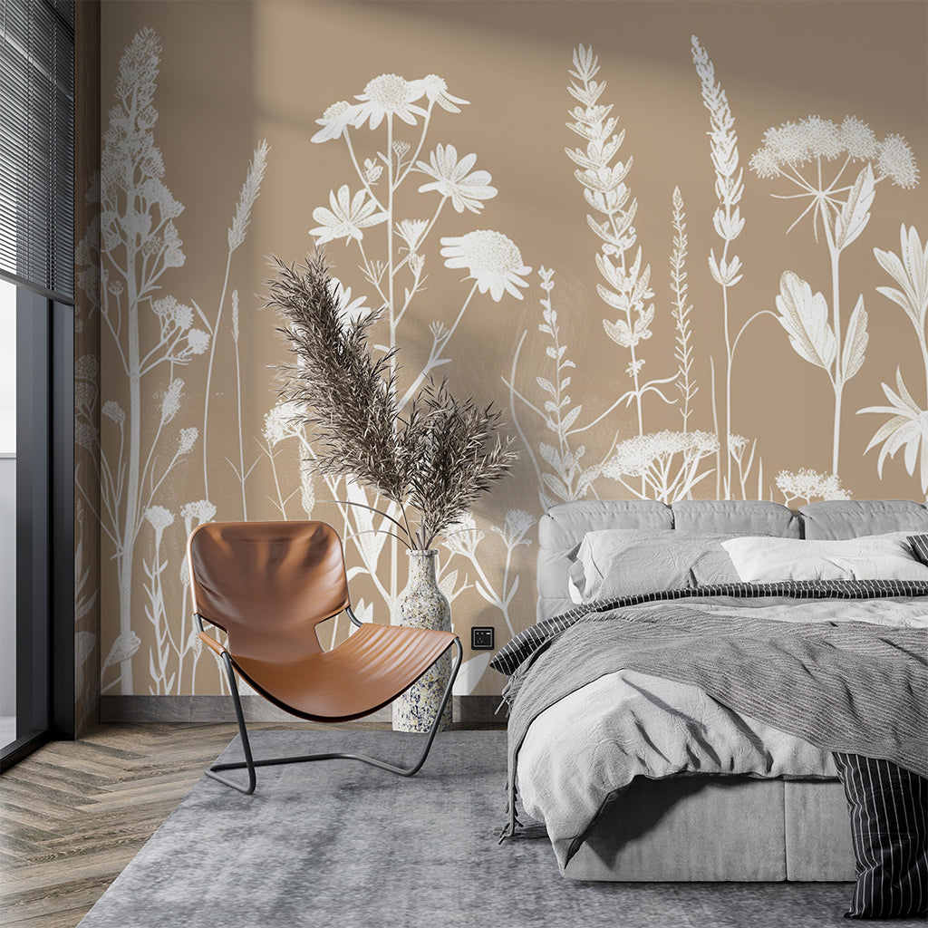 papier peint botanique fleurs champetres blanche sur fond uni beige chambre 