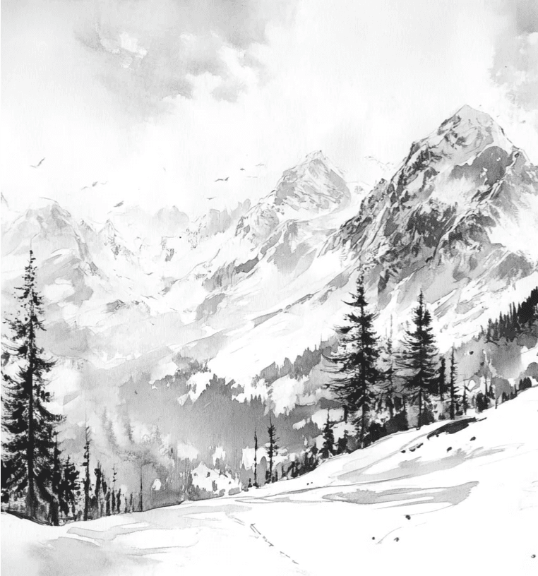 L'Appel des Sommets - Papier peint montagne noir et blanc panoramique - Illulart: Papier peint panoramique