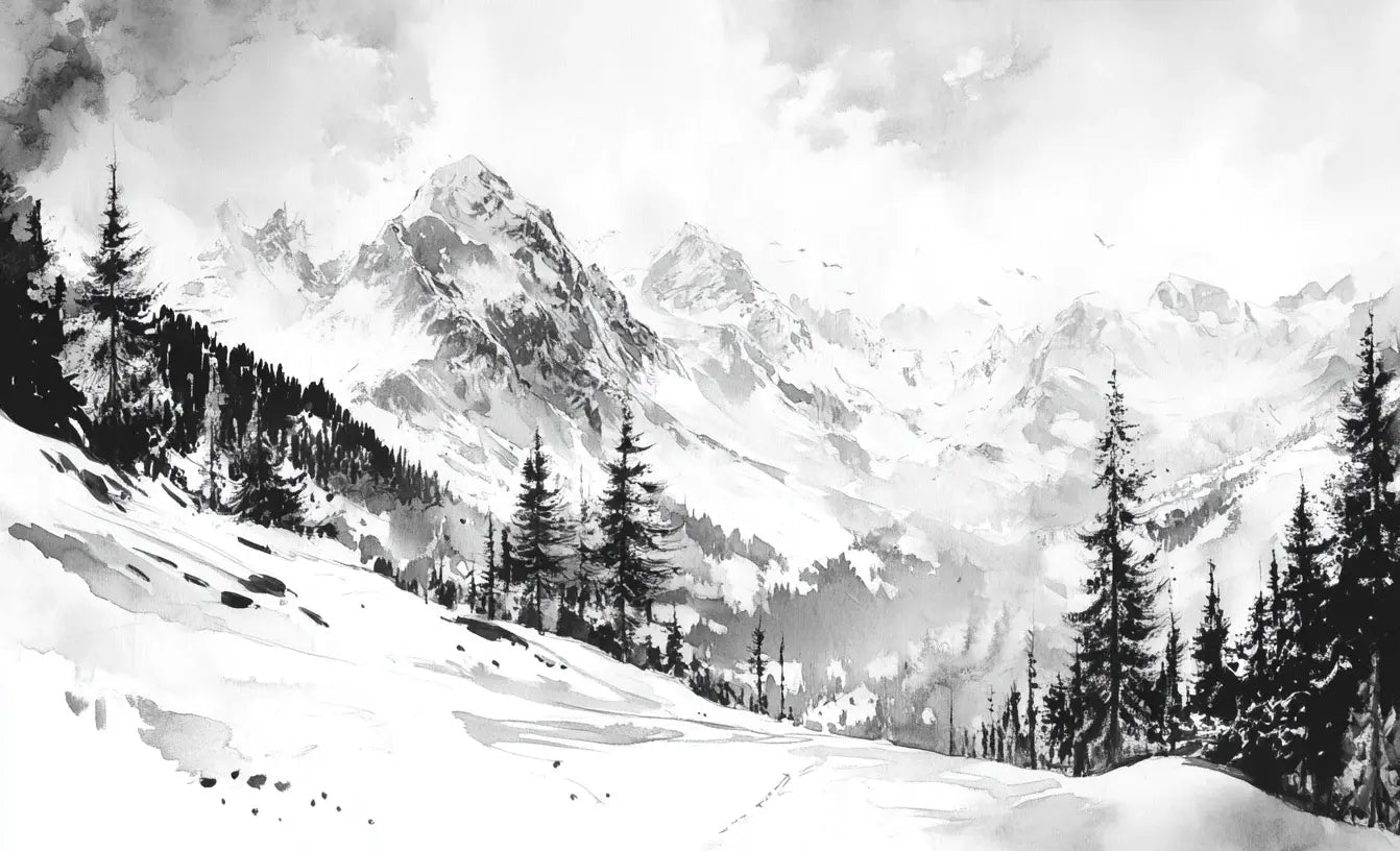 L'Appel des Sommets - Papier peint montagne noir et blanc panoramique - Illulart: Papier peint panoramique