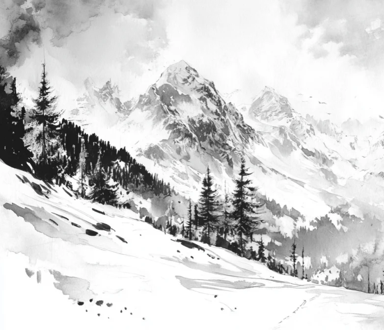 L'Appel des Sommets - Papier peint montagne noir et blanc panoramique - Illulart: Papier peint panoramique