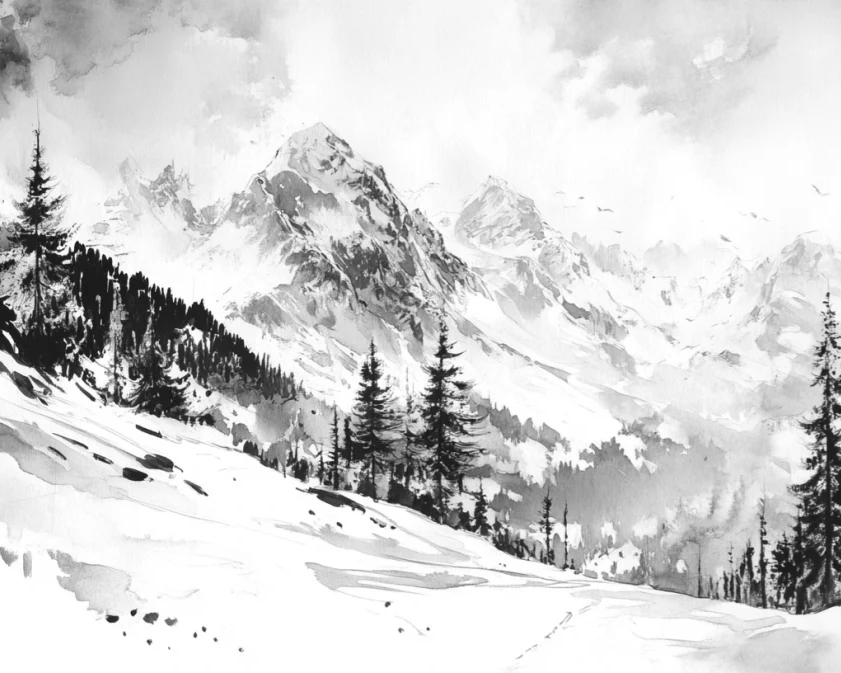 L'Appel des Sommets - Papier peint montagne noir et blanc panoramique - Illulart: Papier peint panoramique