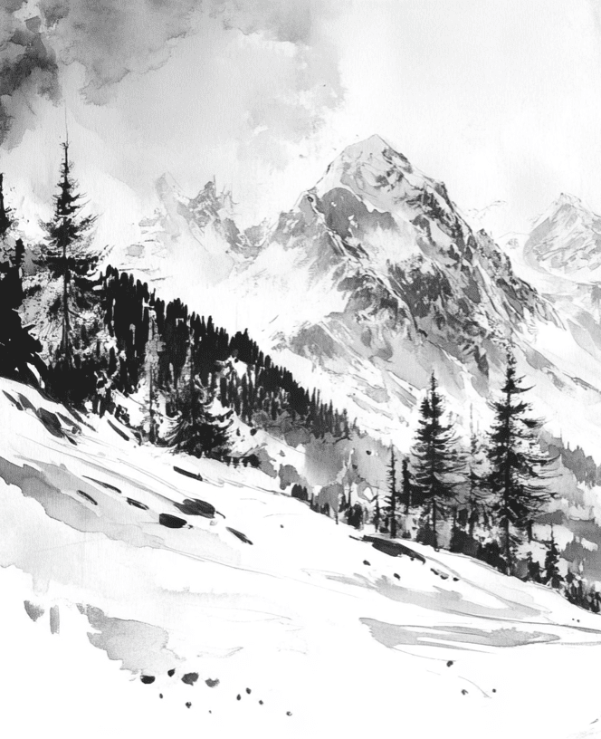 L'Appel des Sommets - Papier peint montagne noir et blanc panoramique - Illulart: Papier peint panoramique