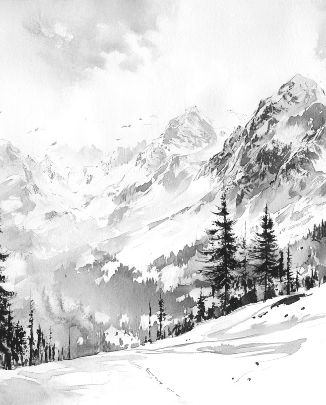 L'Appel des Sommets - Papier peint montagne noir et blanc panoramique - Illulart: Papier peint panoramique