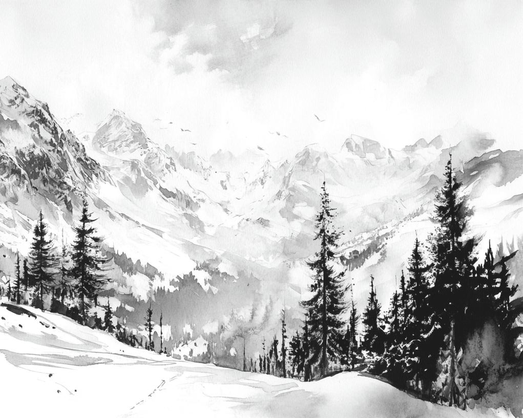 L'Appel des Sommets - Papier peint montagne noir et blanc panoramique - Illulart: Papier peint panoramique