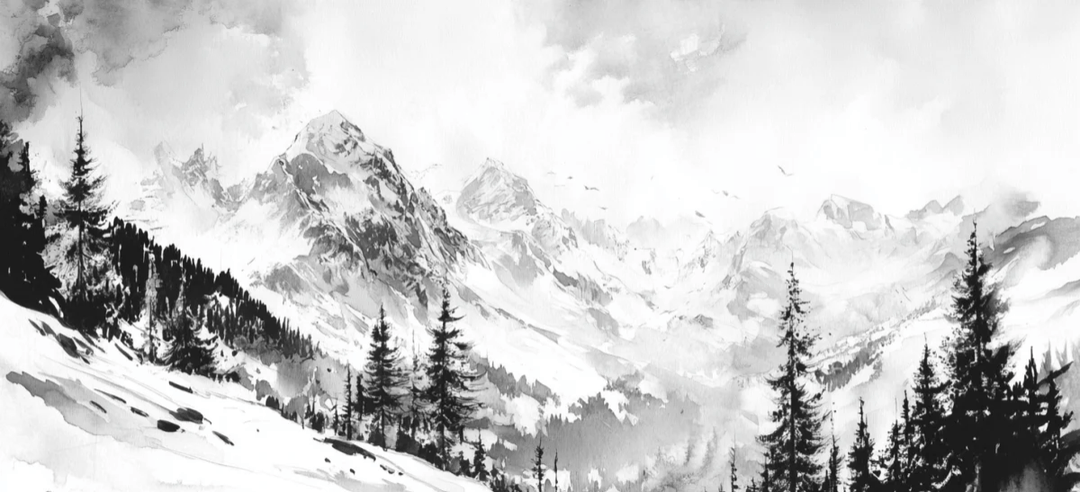 L'Appel des Sommets - Papier peint montagne noir et blanc panoramique - Illulart: Papier peint panoramique