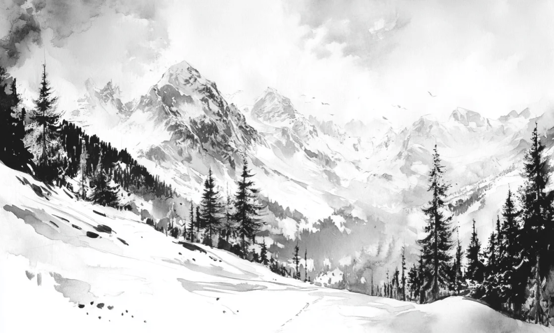 L'Appel des Sommets - Papier peint montagne noir et blanc panoramique - Illulart: Papier peint panoramique