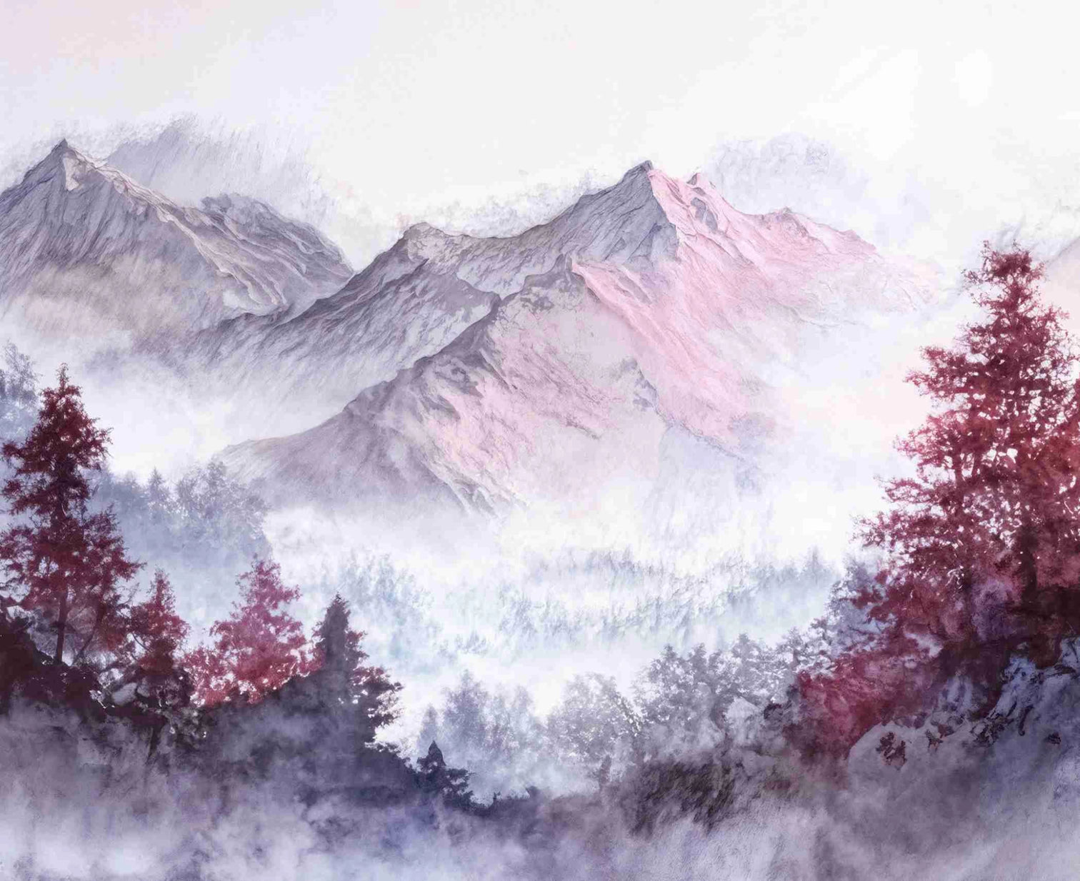 Les montagnes pourpres – Papier peint panoramique brumeux et poétique - Illulart: Papier peint panoramique