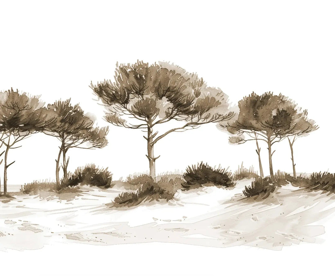 Les Pins de la Plage : Évasion Naturelle Couleur Sépia - Illulart: Papier peint panoramique