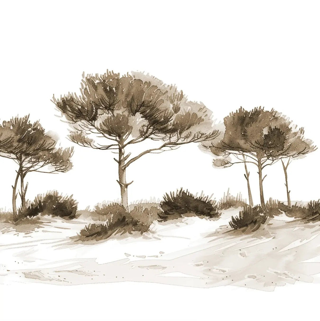 Les Pins de la Plage : Évasion Naturelle Couleur Sépia - Illulart: Papier peint panoramique