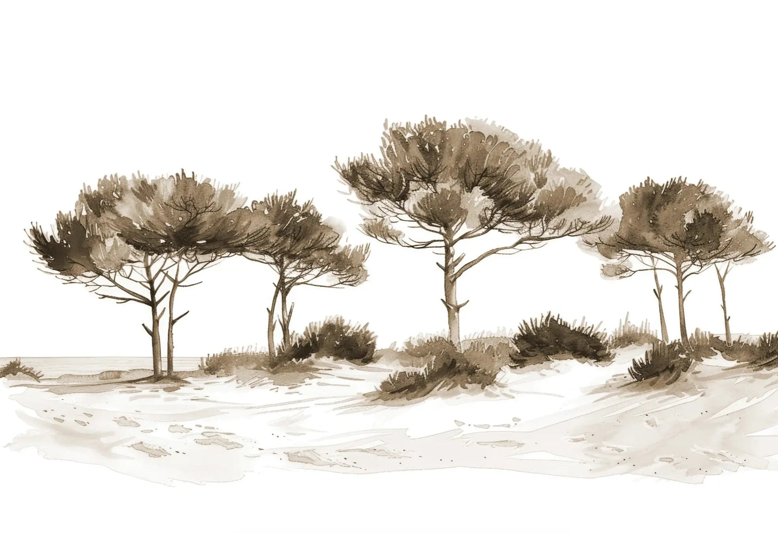 Les Pins de la Plage : Évasion Naturelle Couleur Sépia - Illulart: Papier peint panoramique