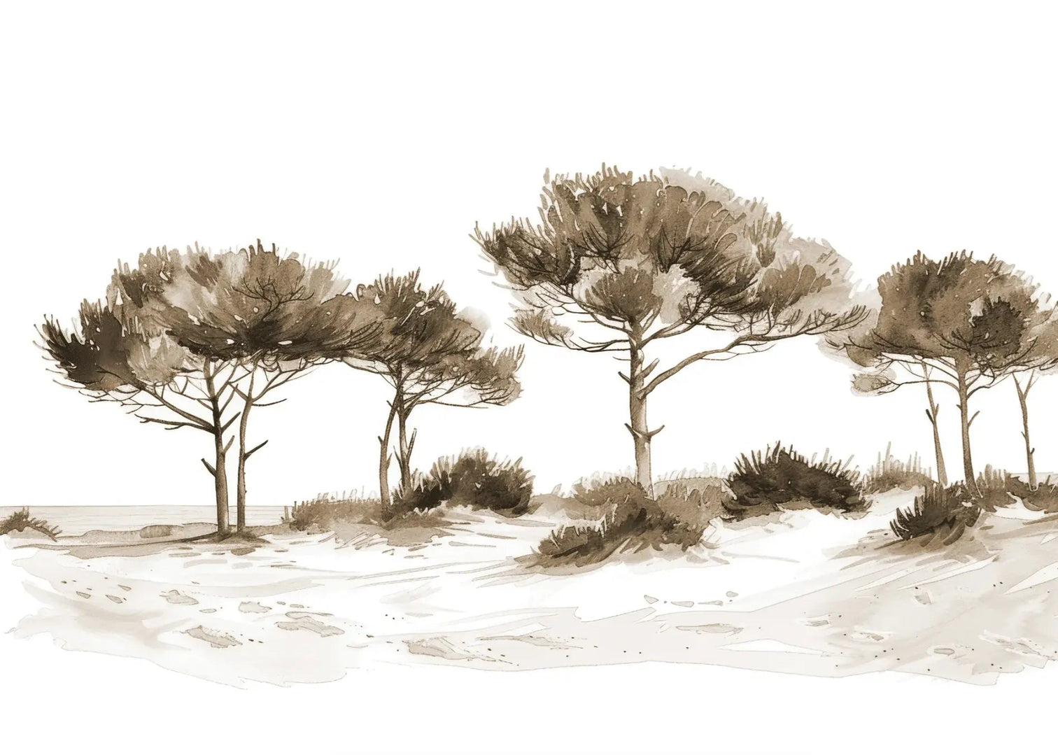 Les Pins de la Plage : Évasion Naturelle Couleur Sépia - Illulart: Papier peint panoramique