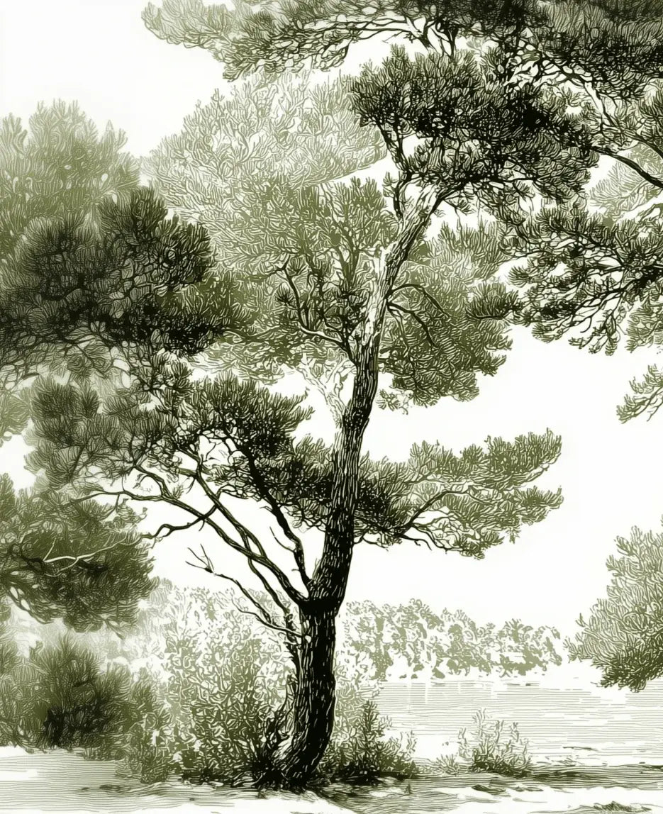 Les pins du lac - Papier peint panoramique forêt en nuances de vert - Illulart: Papier peint panoramique