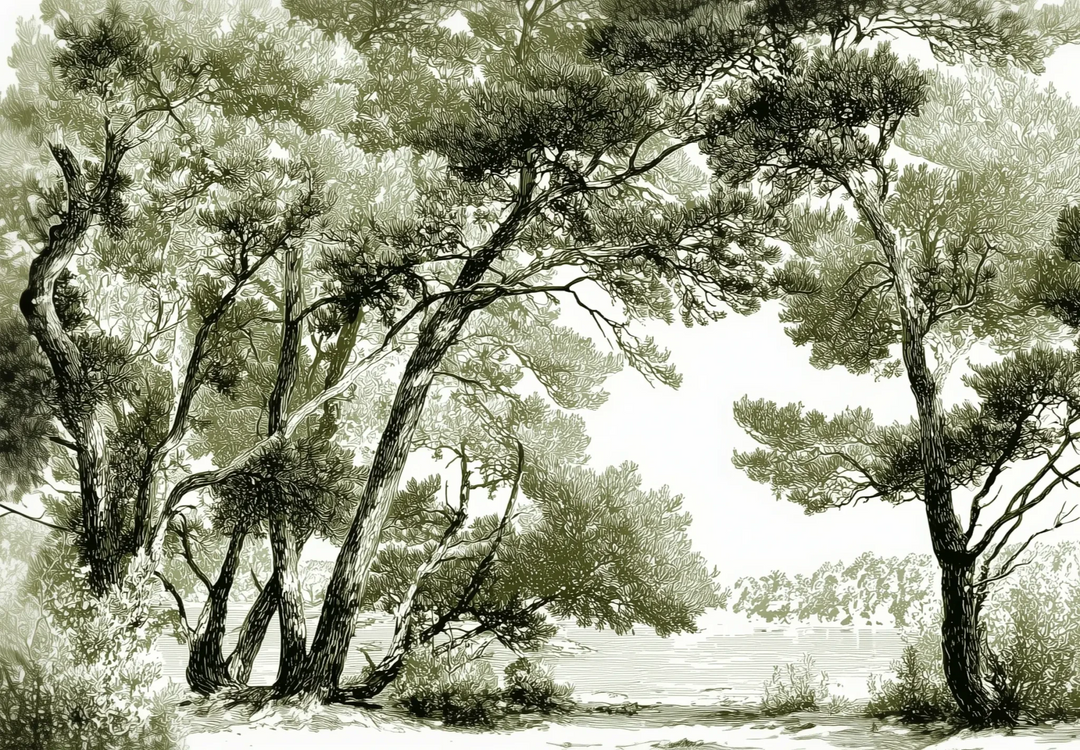 Les pins du lac - Papier peint panoramique forêt en nuances de vert - Illulart: Papier peint panoramique