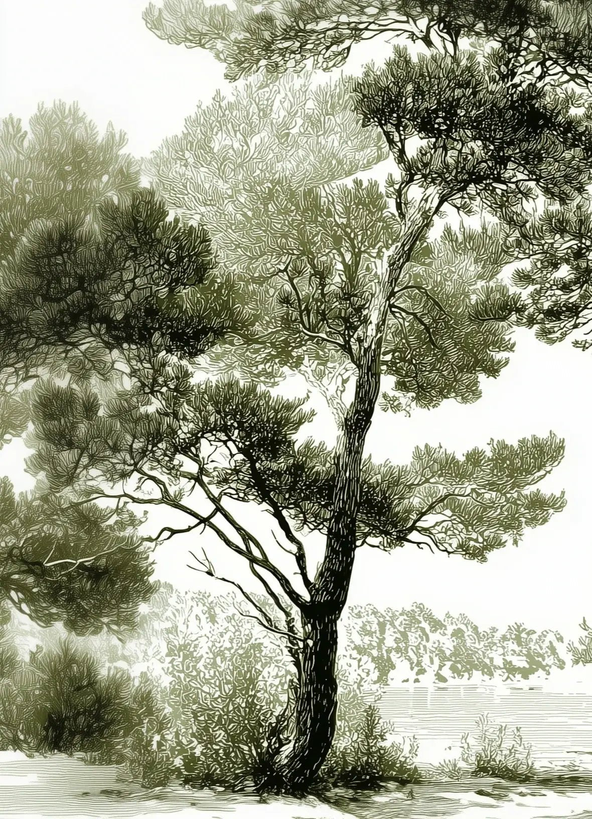 Les pins du lac - Papier peint panoramique forêt en nuances de vert - Illulart: Papier peint panoramique