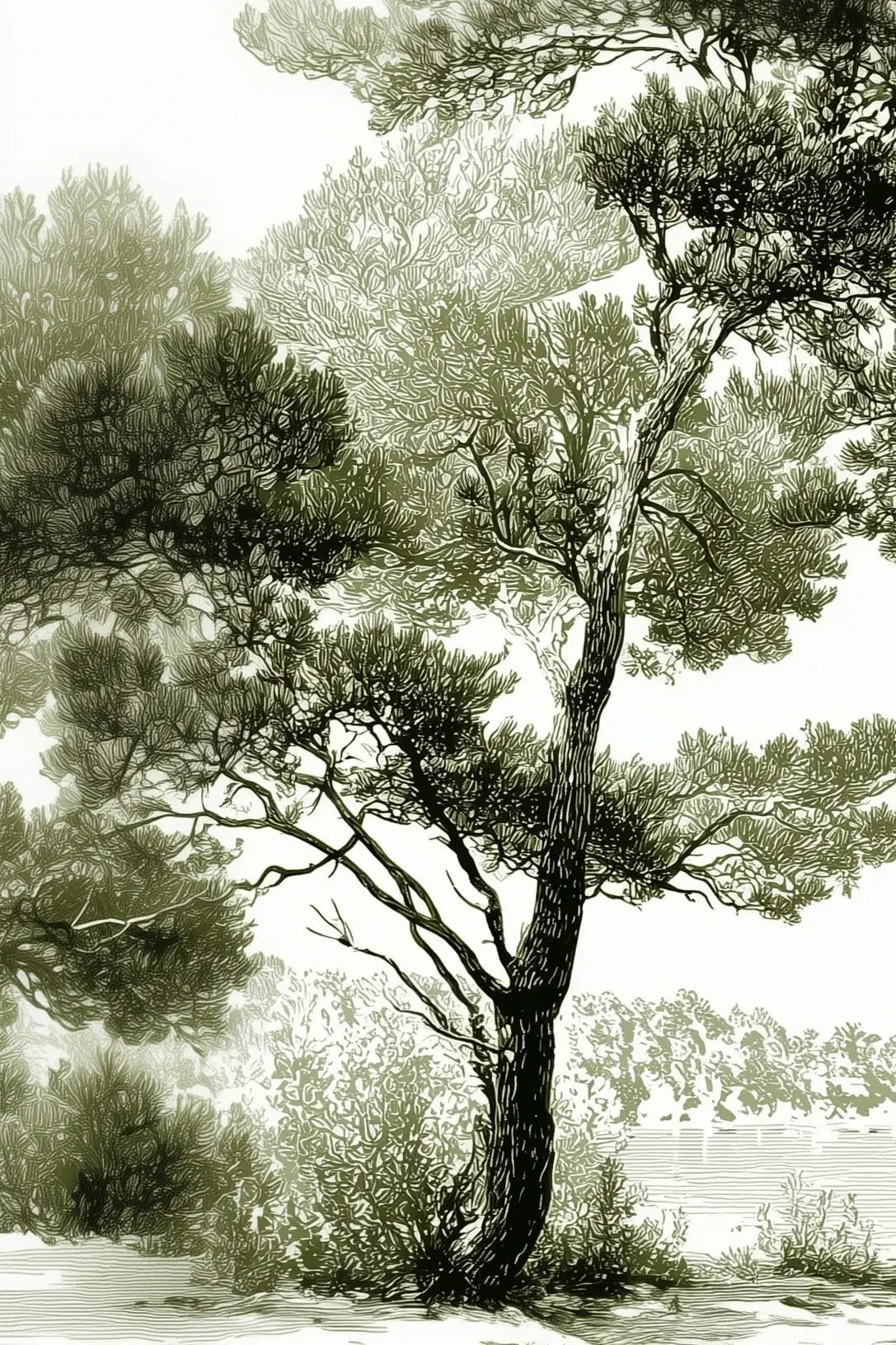 Les pins du lac - Papier peint panoramique forêt en nuances de vert - Illulart: Papier peint panoramique
