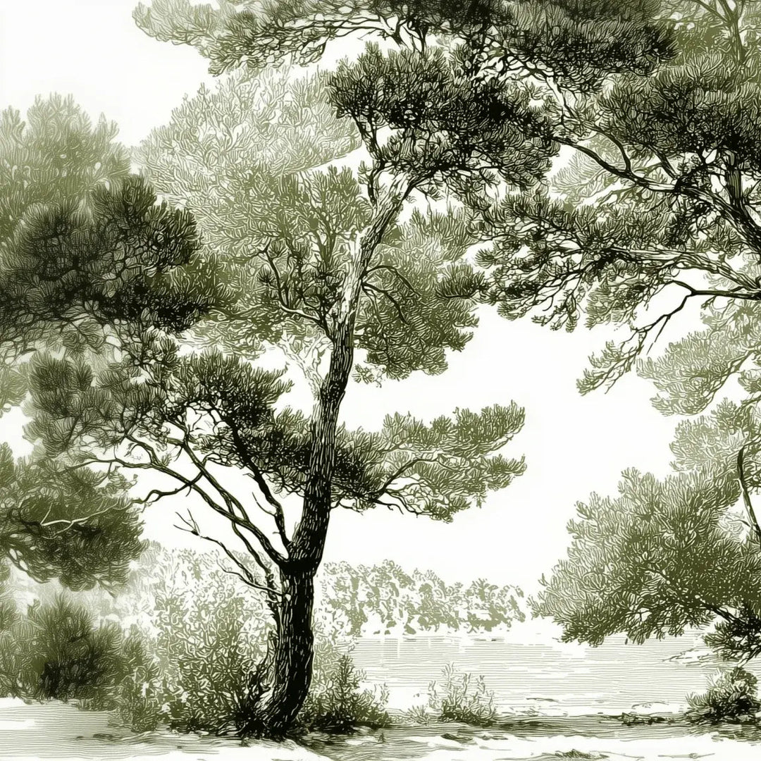 Les pins du lac - Papier peint panoramique forêt en nuances de vert - Illulart: Papier peint panoramique