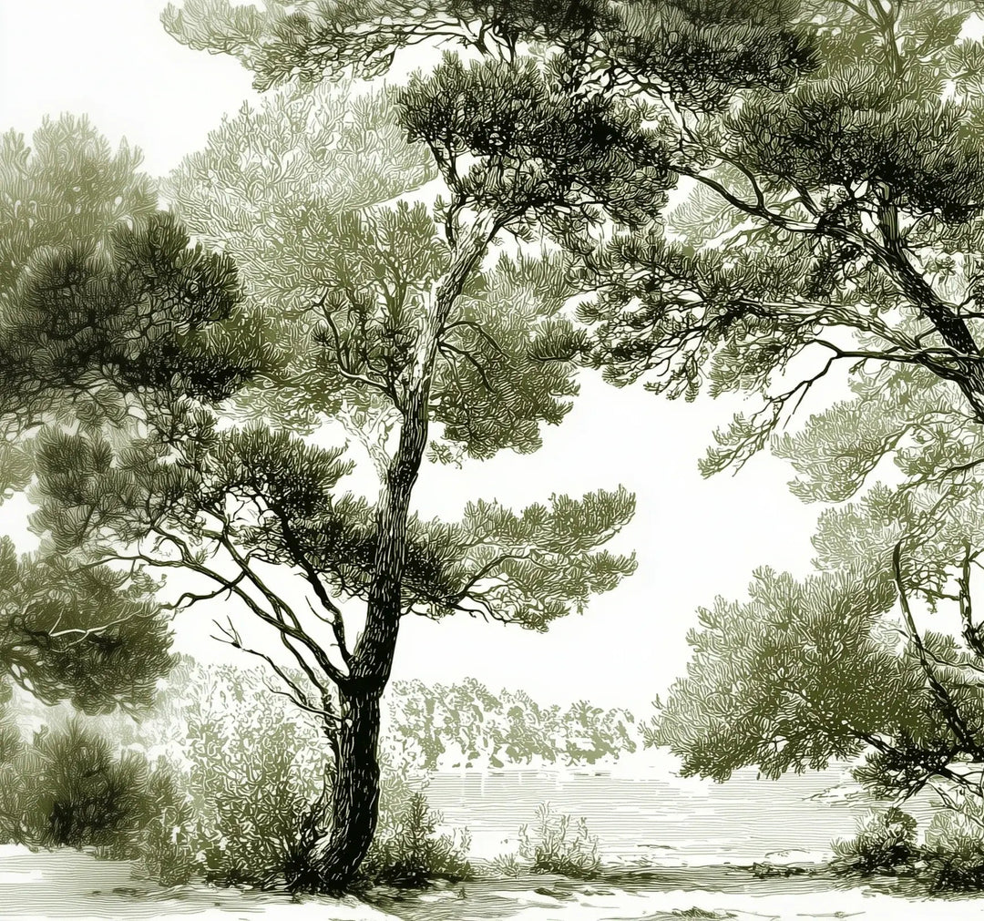 Les pins du lac - Papier peint panoramique forêt en nuances de vert - Illulart: Papier peint panoramique