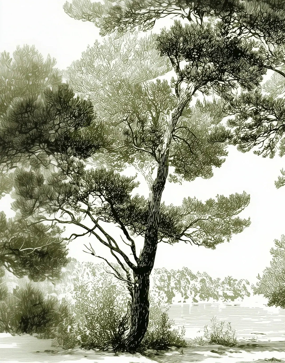 Les pins du lac - Papier peint panoramique forêt en nuances de vert - Illulart: Papier peint panoramique