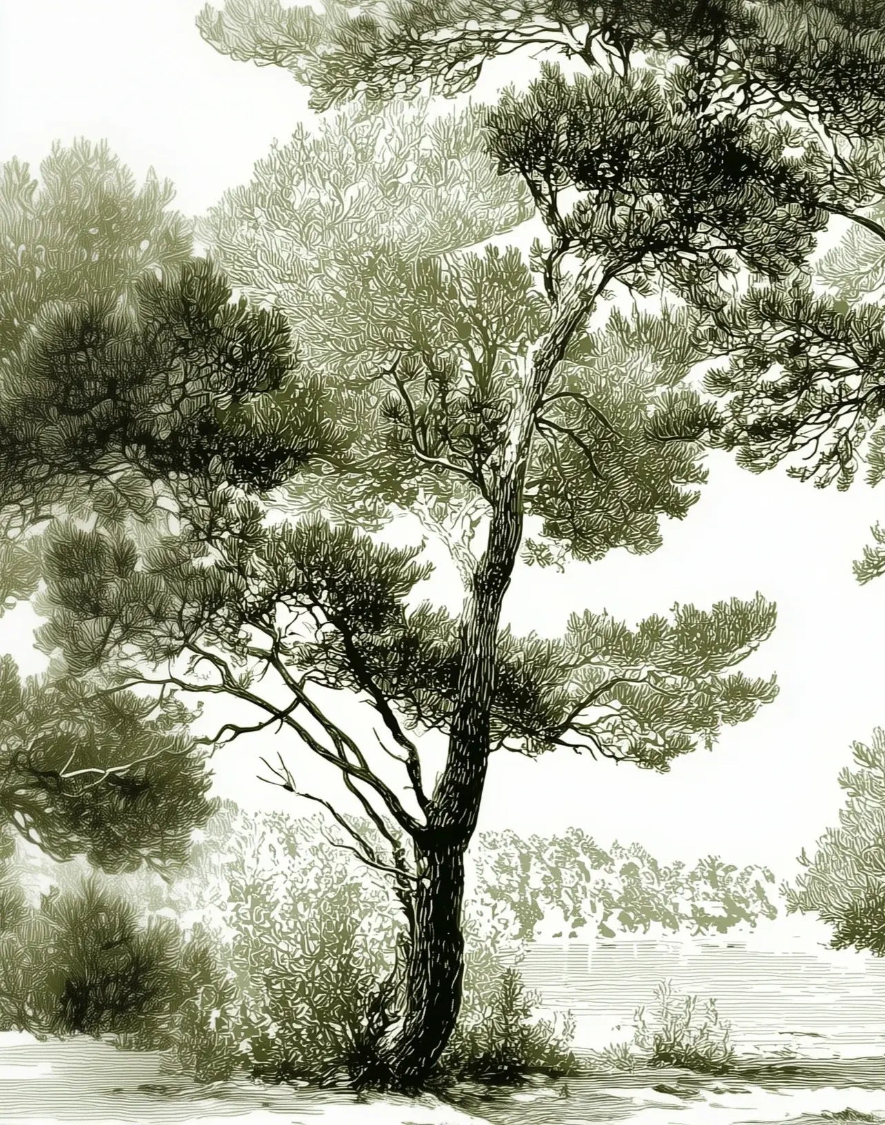 Les pins du lac - Papier peint panoramique forêt en nuances de vert