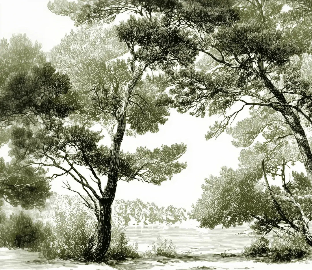 Les pins du lac - Papier peint panoramique forêt en nuances de vert - Illulart: Papier peint panoramique