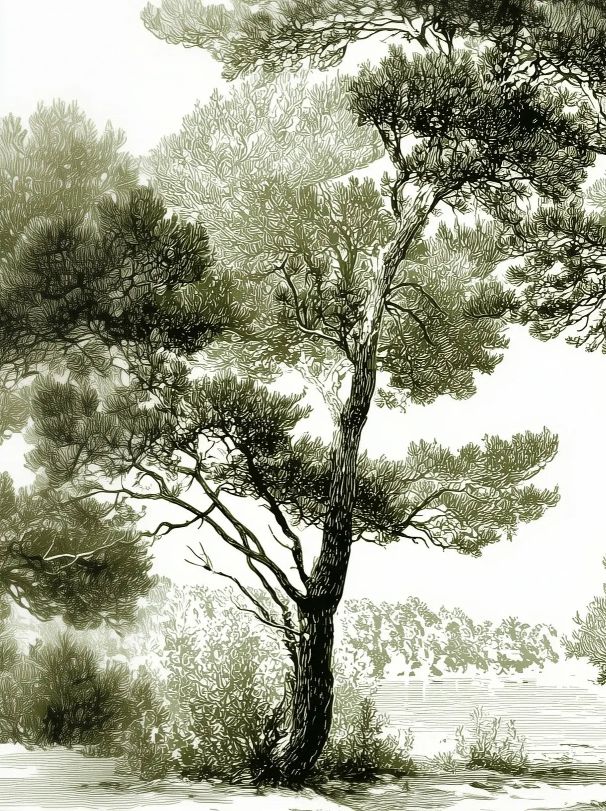 Les pins du lac - Papier peint panoramique forêt en nuances de vert - Illulart: Papier peint panoramique