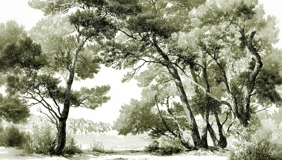 Les pins du lac - Papier peint panoramique forêt en nuances de vert - Illulart: Papier peint panoramique
