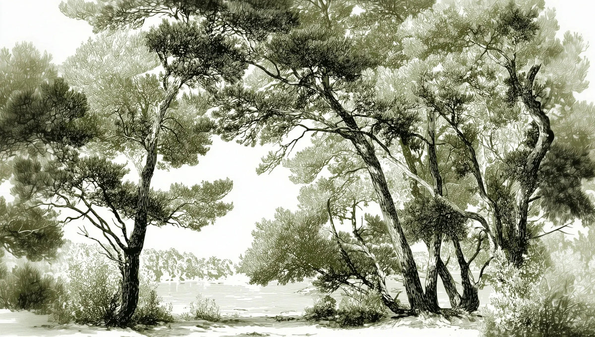 Les pins du lac - Papier peint panoramique forêt en nuances de vert - Illulart: Papier peint panoramique