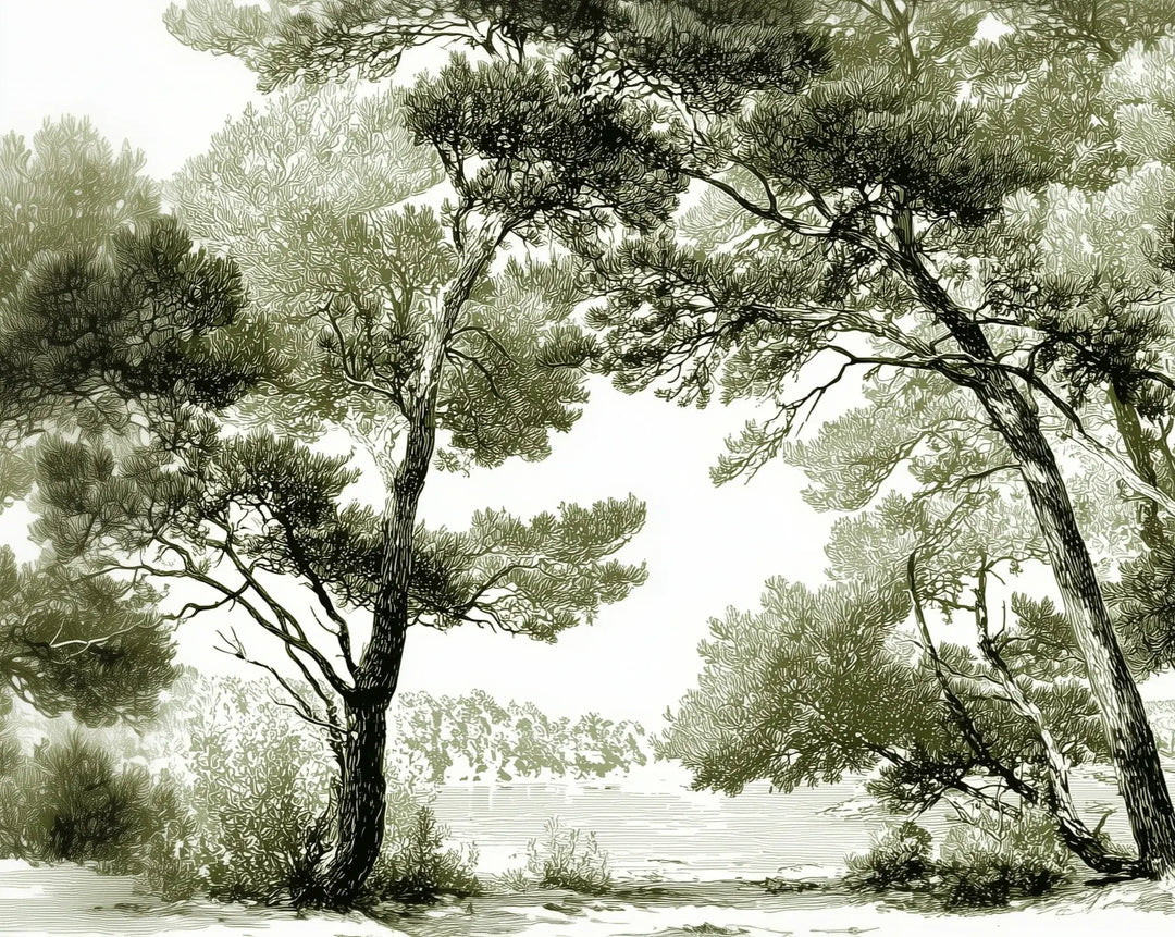 Les pins du lac - Papier peint panoramique forêt en nuances de vert - Illulart: Papier peint panoramique
