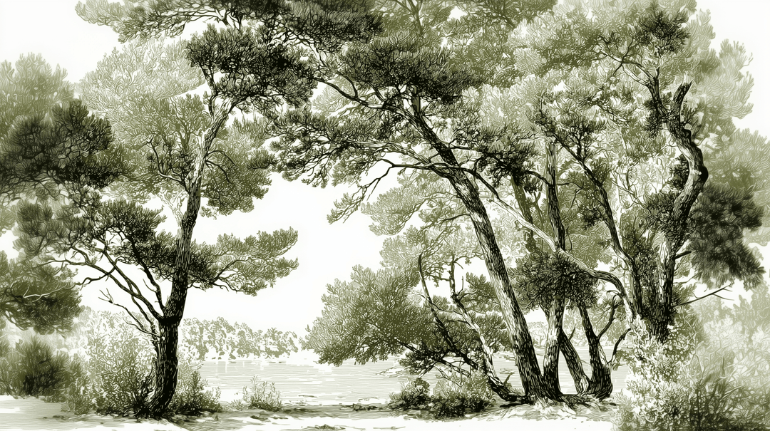 Les pins du lac - Papier peint panoramique forêt en nuances de vert - Illulart: Papier peint panoramique